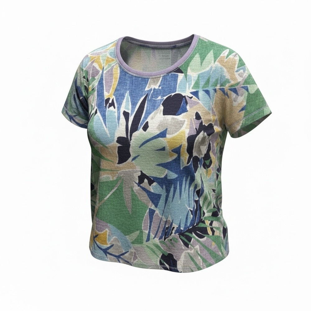 Chico's Linen Top Women XXL 4 Green Blue Tropical Leaf Print Coastal Art To Wear